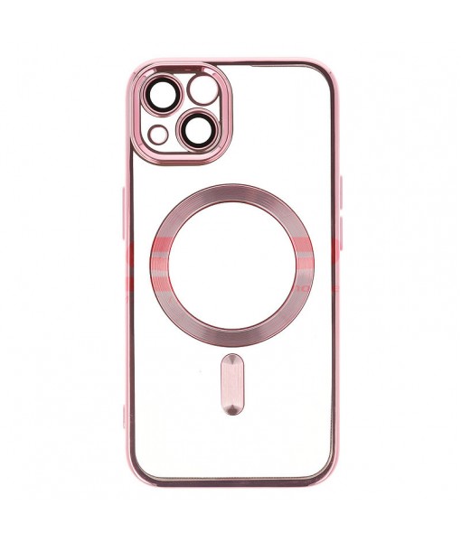 Husa iPhone 13, Premium MagSafe Electro, Spate Transparent, Rama Roz